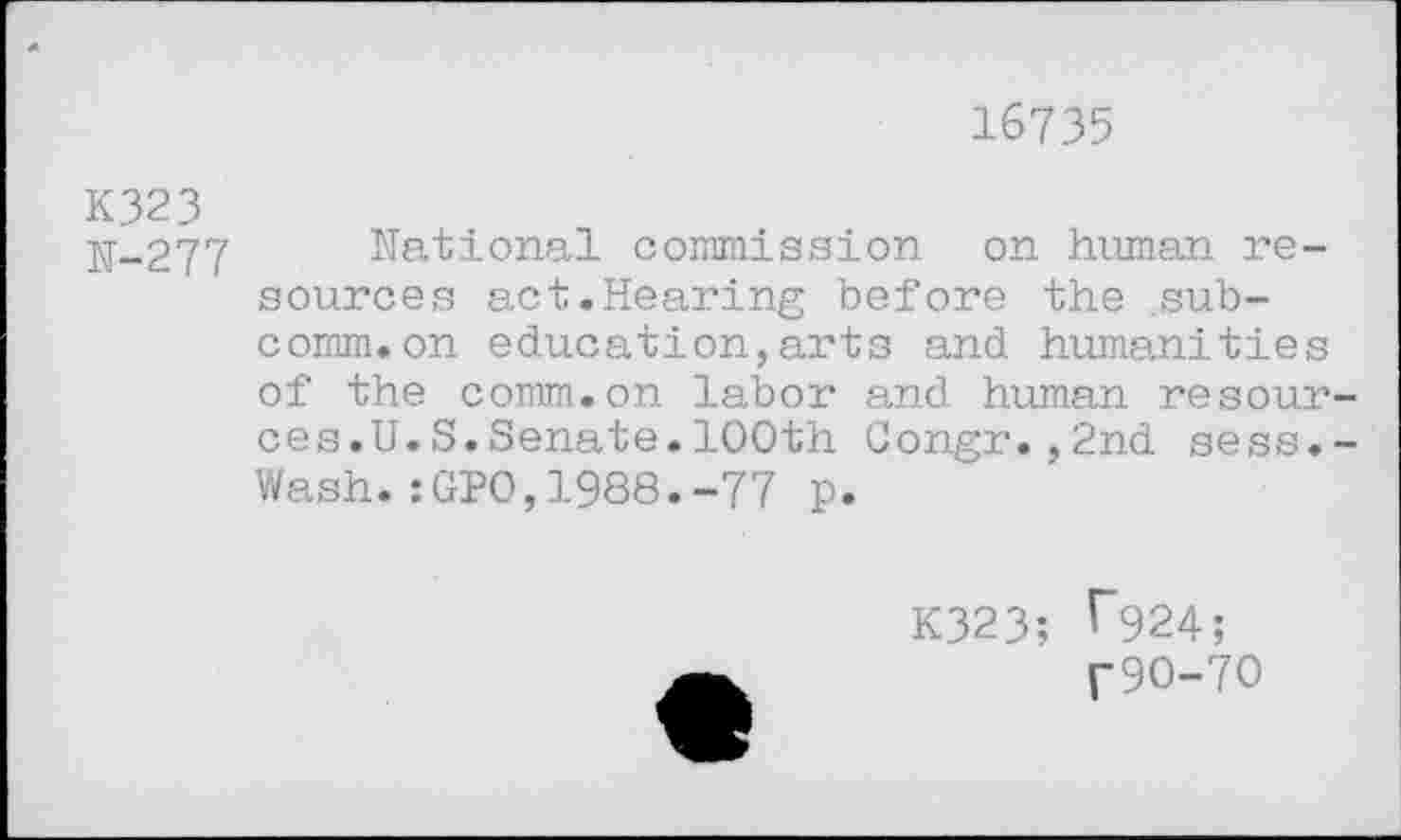 ﻿16735
K323
N-277 National commission on human resources act.Hearing before the subcomm, on education,arts and humanities of the comm.on labor and human resources.U. S. Senate. 100th Congr.,2nd sess.-Wash.:GPO,1988.-77 p.
K323; ^924;
T9O-7O